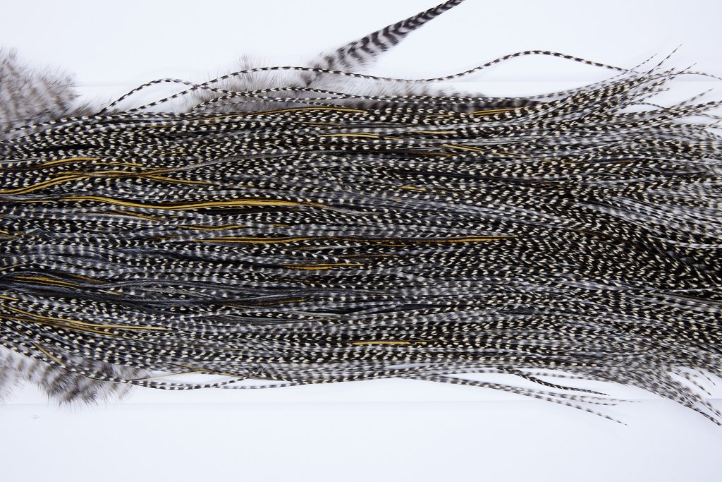 275 - Heritage Dry Fly Hackle, Grizzly Variant #3 Grade Rooster Saddle, Ties Sizes 14-16