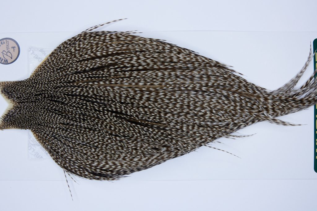 480 - Hebert Dry Fly Hackle, Dun Grizzly Bronze Grade Rooster Cape, Ties Sizes 10-22