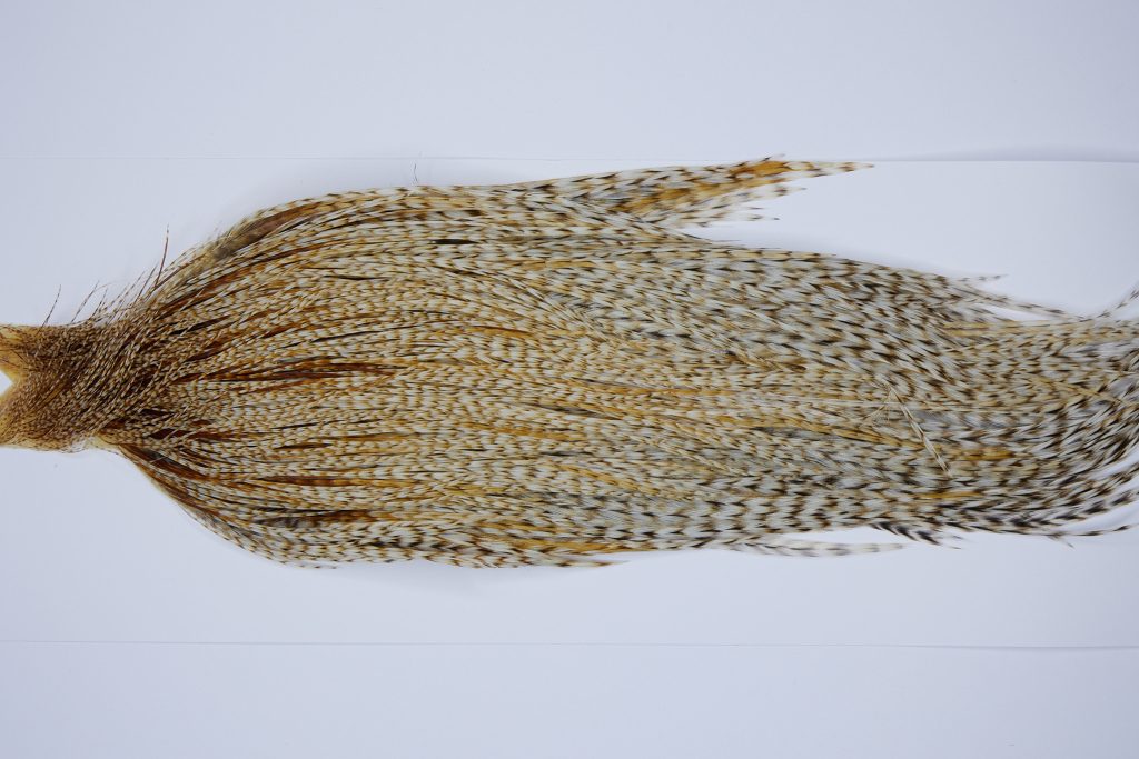 9467-JimsFlyCo Dry Fly Hackle, Barred Ginger Rhodium Grade Rooster Cape, Ties Sizes 10-24