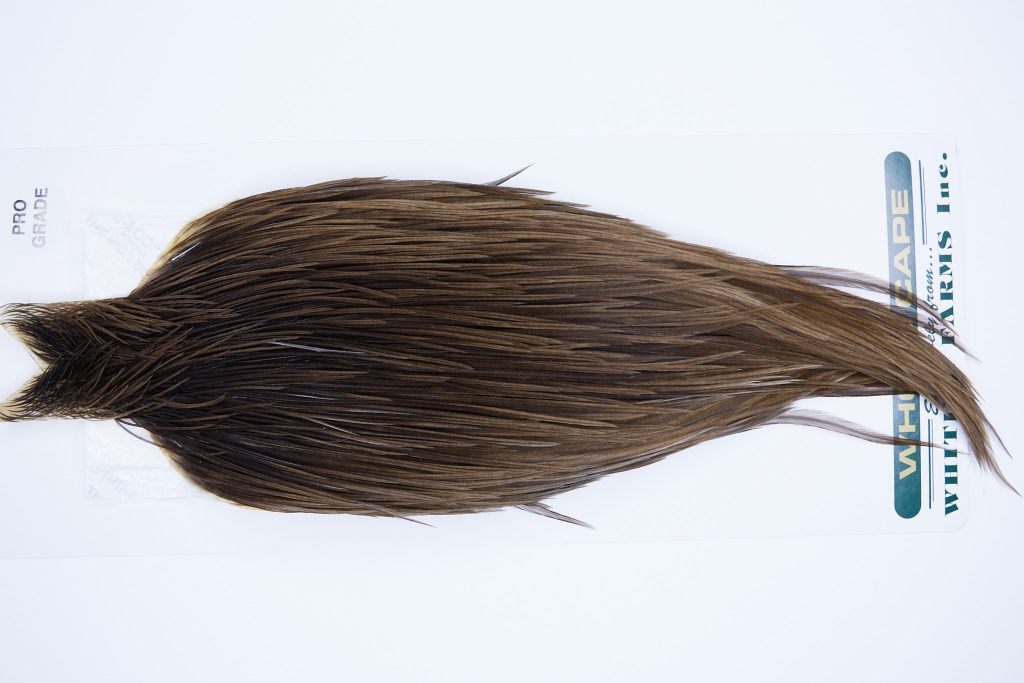 730 - Hebert Dry Fly Hackle, Dark Brown Dun Pro Grade Rooster Cape, Ties Sizes 14-22