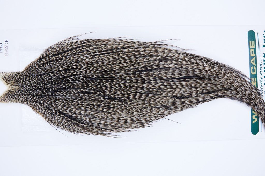 732 - Hebert Dry Fly Hackle, Grizzly Variant Pro Grade Rooster Cape, Ties Sizes 16-22