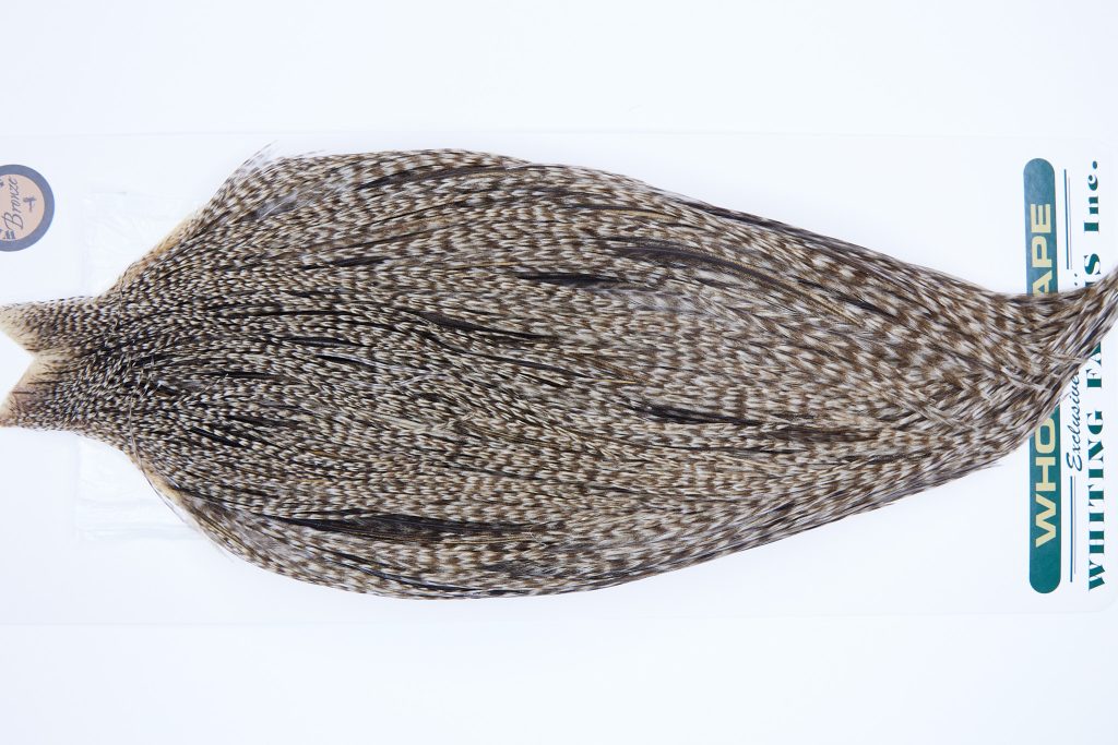 741 - Hebert Dry Fly Hackle, Dun Grizzly Bronze Grade Rooster Cape, Ties Sizes 14-22