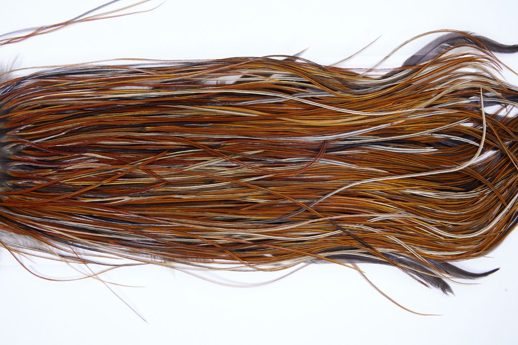 1376 Hebert Dry Fly Hackle, Bronze Grade Rooster Saddle Medium Brown Ties Sizes 14-16