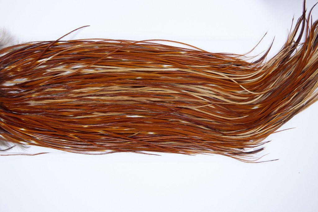 1377 Hebert Dry Fly Hackle, Bronze Grade Rooster Saddle Medium Brown Ties Sizes 14-16