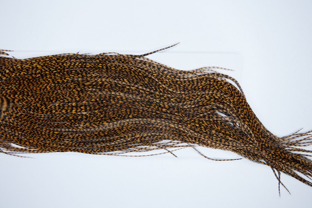 3284 Whiting Dry Fly Hackle, Bronze Grade Rooster Saddle Grizzly Golden Brown Ties Size 14-16