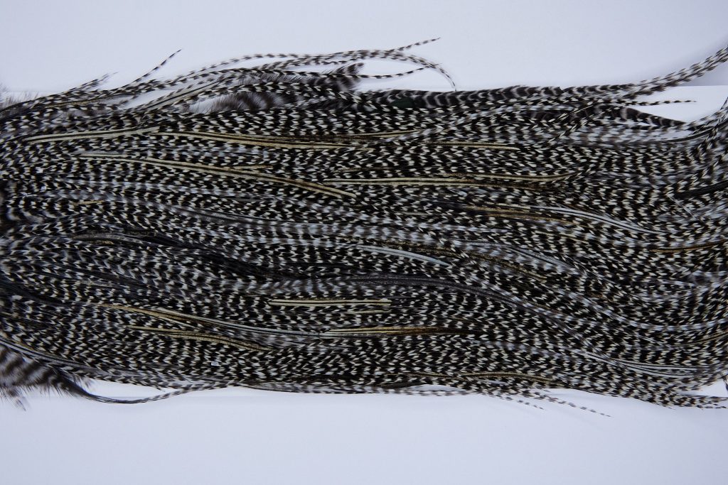 1948 Heritage Dry Fly Hackle, 2 Grade Rooster Saddle Grizzly Variant Ties Size 14-16