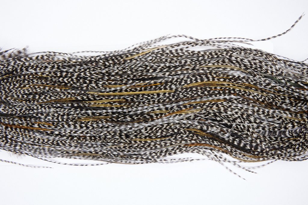 1958 Heritage Dry Fly Hackle, 2 Grade Rooster Saddle Grizzly Variant Ties Size 12-14