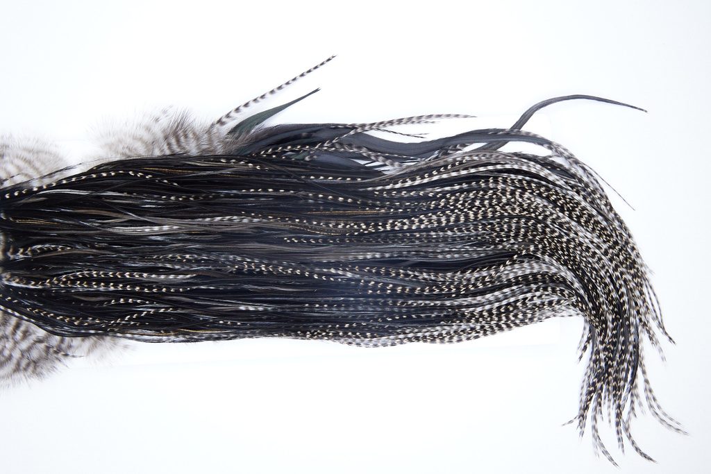 9002 Heritage Dry Fly Hackle, Grizzly Variant #1 Grade Rooster Saddle, Ties Sizes 12-16