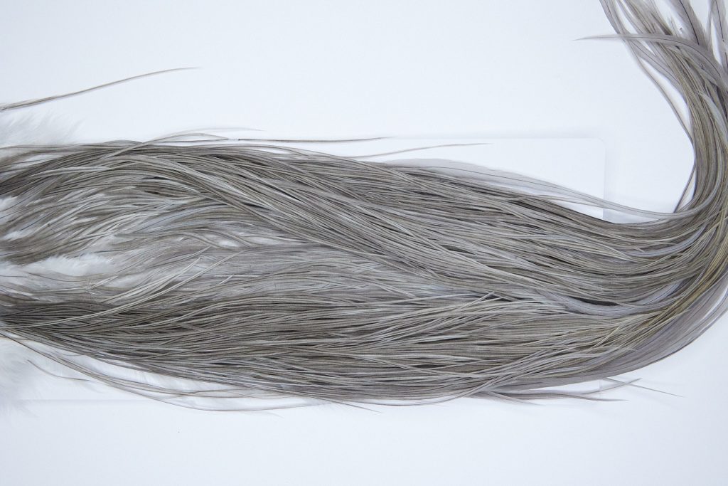 3966 Hebert Dry Fly Hackle, Bronze Grade Rooster Saddle Medium Grey Dun Ties Size 12-14