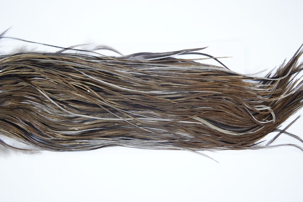 4015 Hebert Dry Fly Hackle, Silver Grade Rooster Saddle Dark Grey Dun Ties Size 14-16