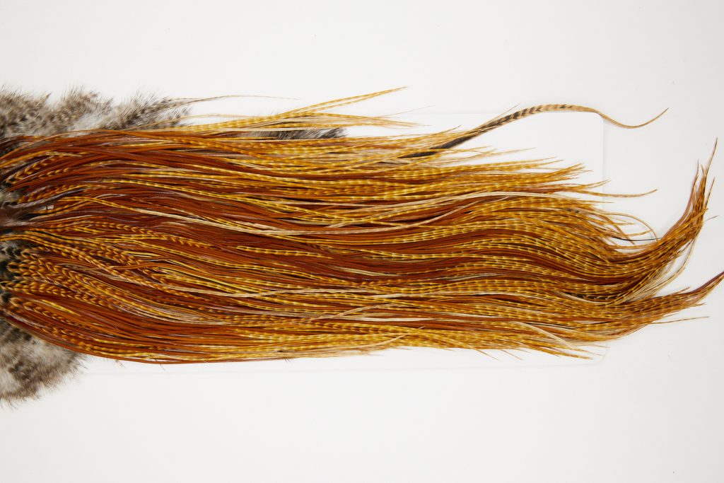 10747 Whiting Dry Fly Hackle Bronze Grade Rooster Saddle Dark Barred Ginger Ties Size 14-16