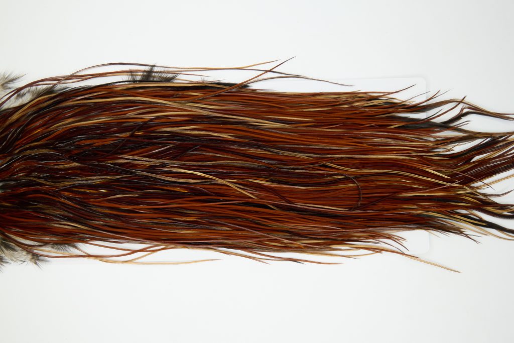 11982 Hebert Dry Fly Hackle Silver Grade Rooster Saddle Medium Brown Ties Size 14-18