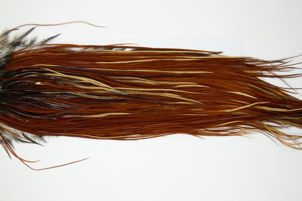 11983 Hebert Dry Fly Hackle Silver Grade Rooster Saddle Medium Brown Ties Size 14-18