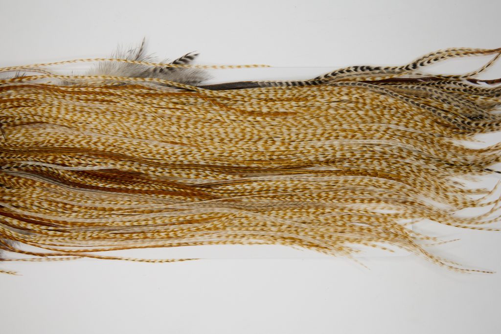 12021 Hebert Dry Fly Hackle Silver Grade Rooster Saddle Medium Barred Ginger Ties Size 14-18