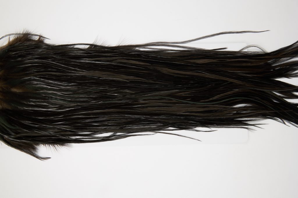 12052a Hebert Dry Fly Hackle Bronze Grade Rooster Saddle Black Ties Size 12-14